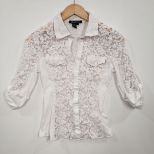 Y2K White Floral Lace Button Up Shirt 3/4 Sleeve Blouse Large Coquette Romantic‎